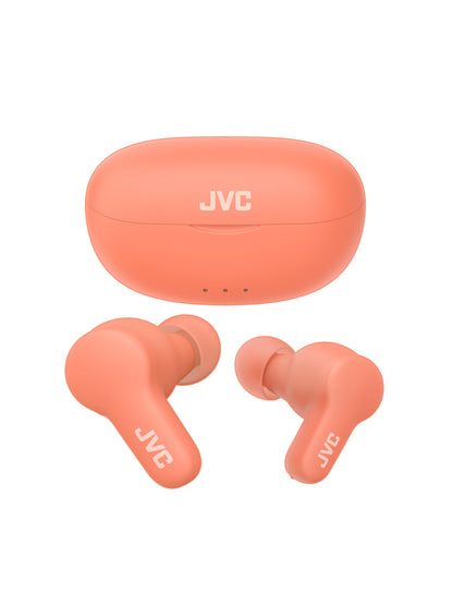 HA-A7T2 in peach wireless earbuds and charging case by JVC