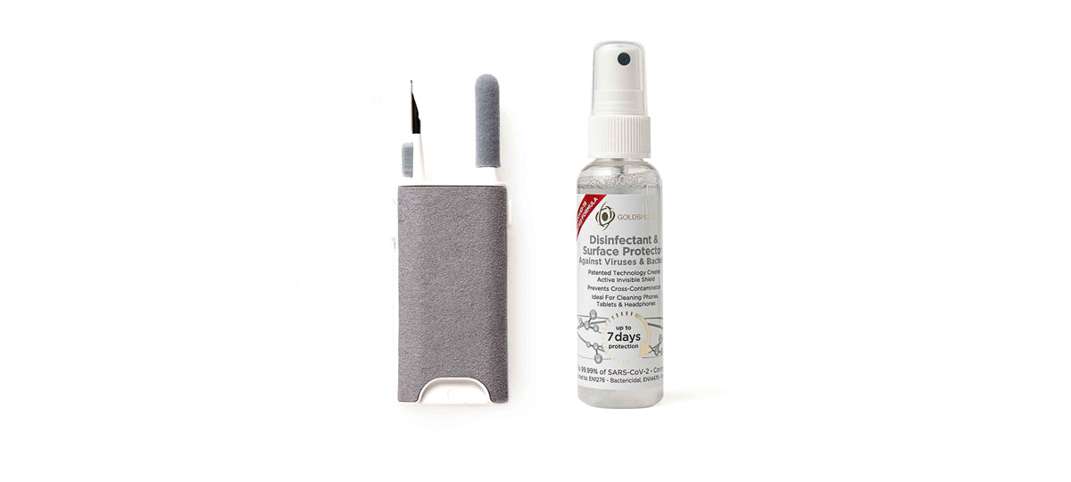 headphones, earbuds, earphones cleaning kit and UP-TO 7 DAYS SURFACE DISINFECTION spray