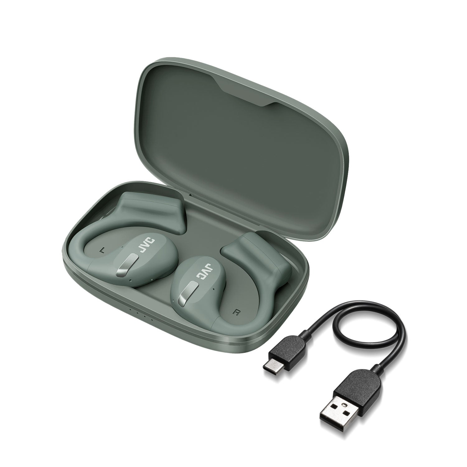 HA-NP50T-G Nearphones earphones and charging case usb lead