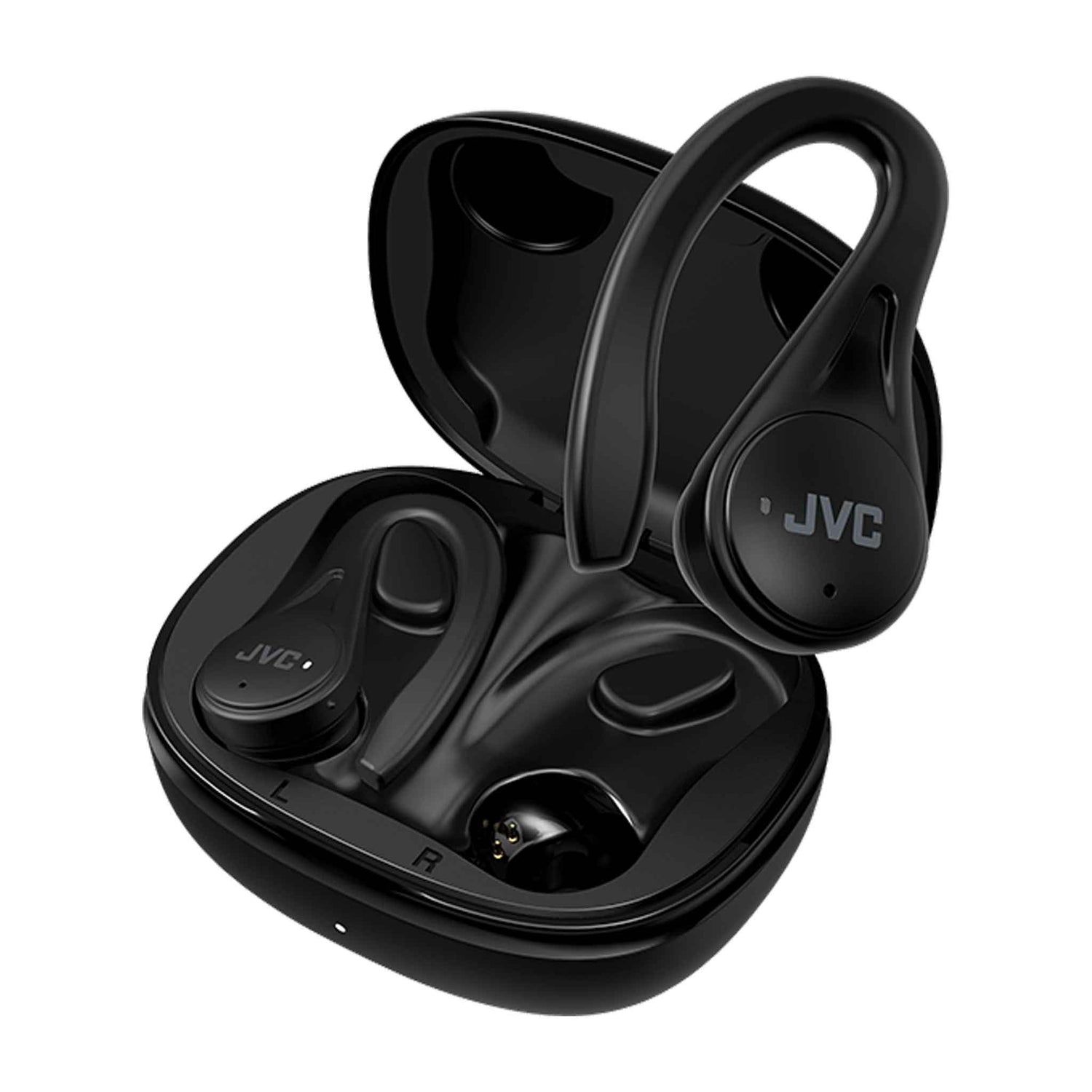 HA-EC25T in Black charging case with one earbud out