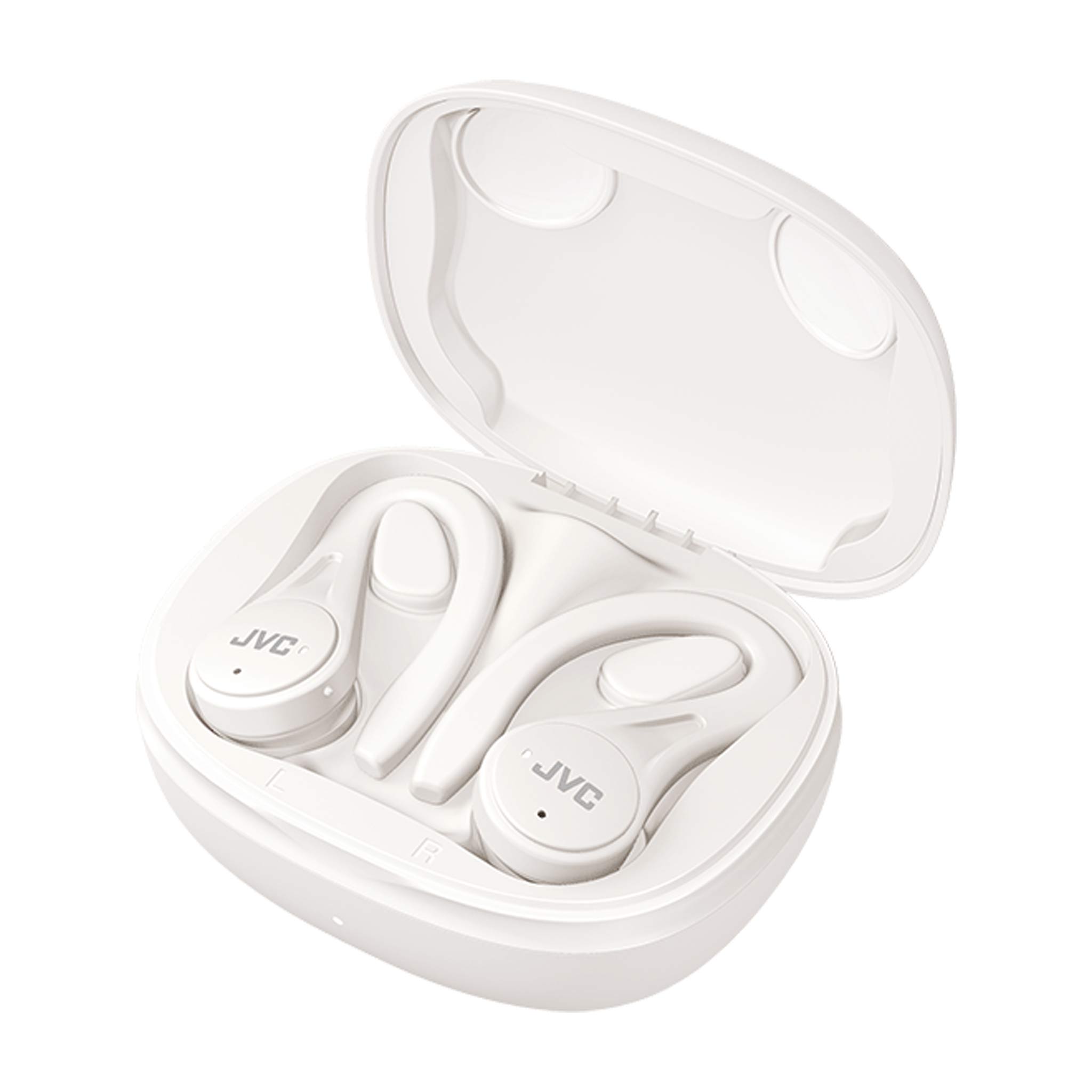 HA-EC25T in white charging case with earbuds in it