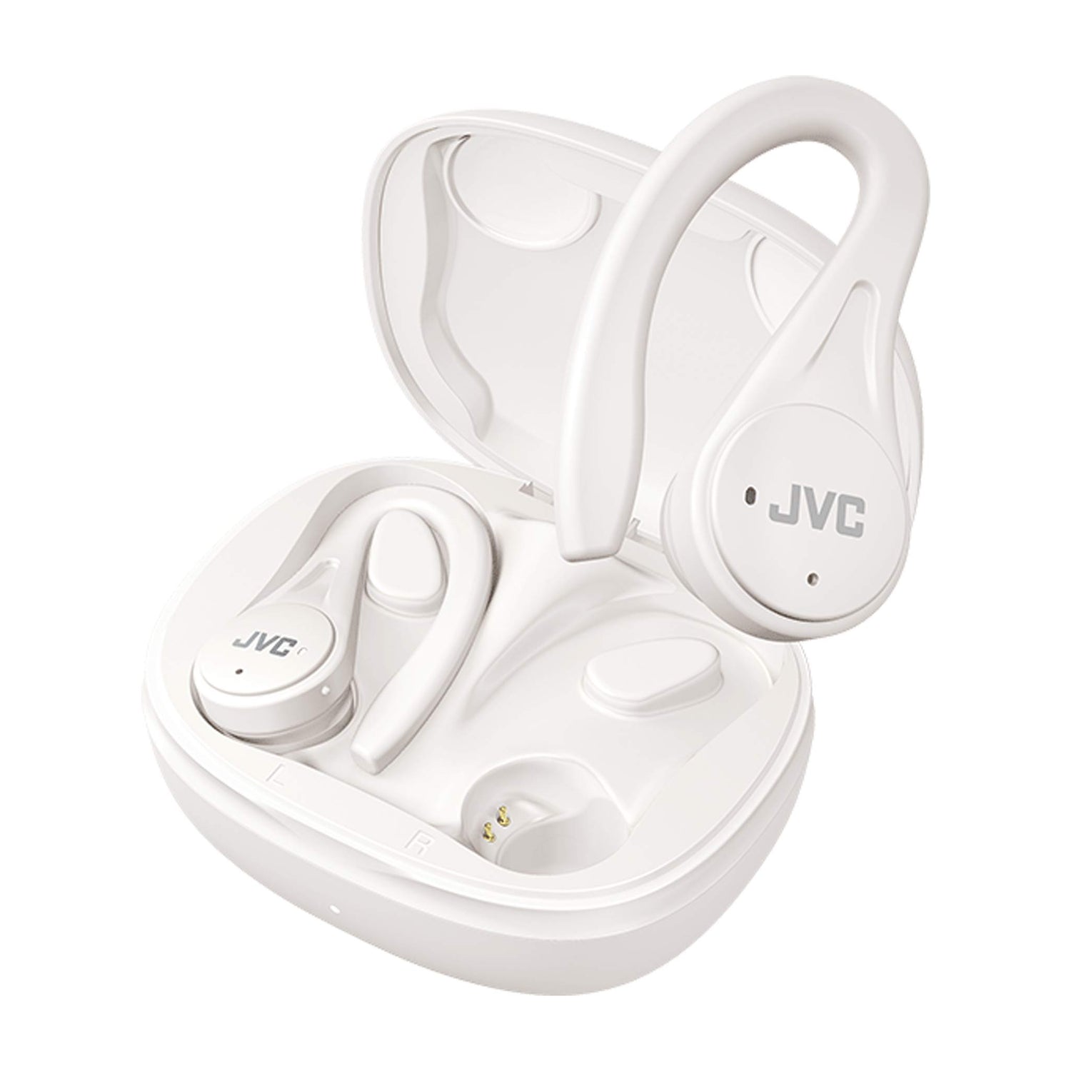 HA-EC25T in white charging case with one earbud out